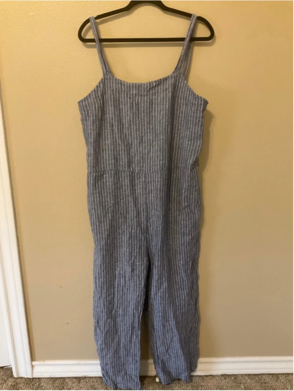 Quince Linen Blue White Stripe Jumpsuit XL Coastal Wide Leg